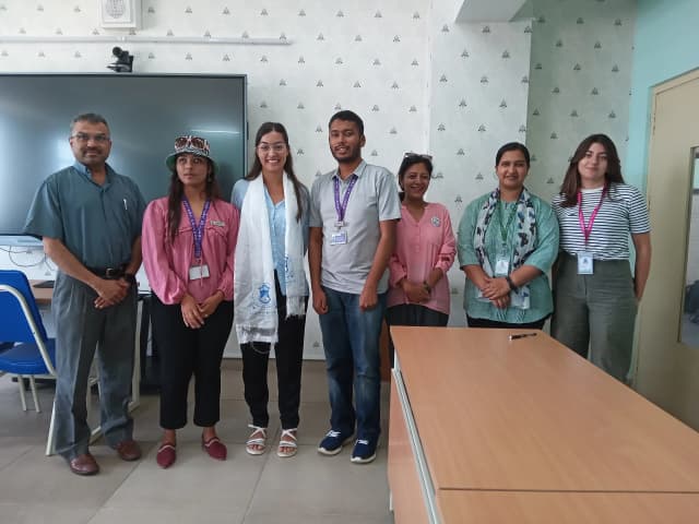 A group picture. Starting from the left, Fr. Jiju, Sanjiya, Valeria, Abhishek, Sharmila, Anupa and Victoria can be observed.