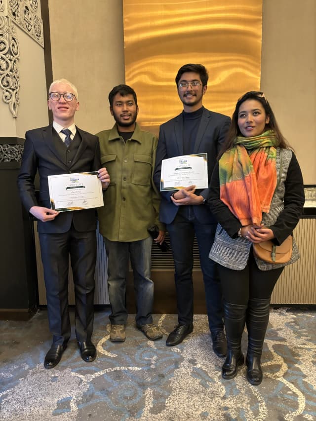 Picture taken after the event where Project Lead Joon Shakya, Founder of CFC Abhishek Shahi, Project Secretary Karmendra Shrestha and Cofounder and Treasurer Sanjiya Shrestha is posing. Joon and Karmendra are holding their certificates.