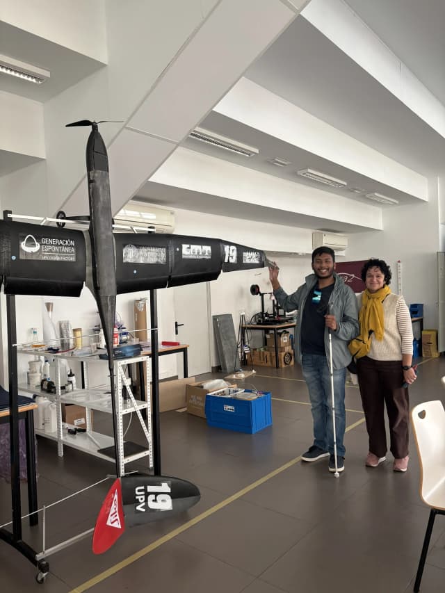 A picture of our Founder Abhishek Shahi and Fanny Collado with the prototype of airplane.