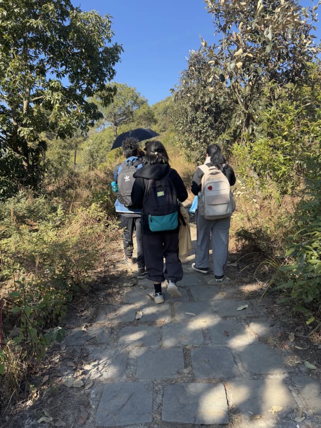 A picture of 3 of our project members hiking in the route. In the background, there is a beautiful view of plants and trees in the pathway.