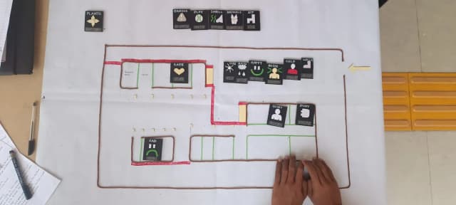 A picture of 3D tactile map of Namuna Machindra School made out of locally available resources along with tactile card. A hand of a child is exploring it.