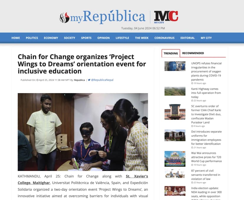 The screenshot of the News coverage: Chain for Change organizes 'Project Wings to Dreams' orientation event for inclusive education